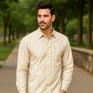 BACHRACH Men 17‎ 36/37 Woven Cotton Striped Long Sleeve Casual Preppy Y2K Shirt